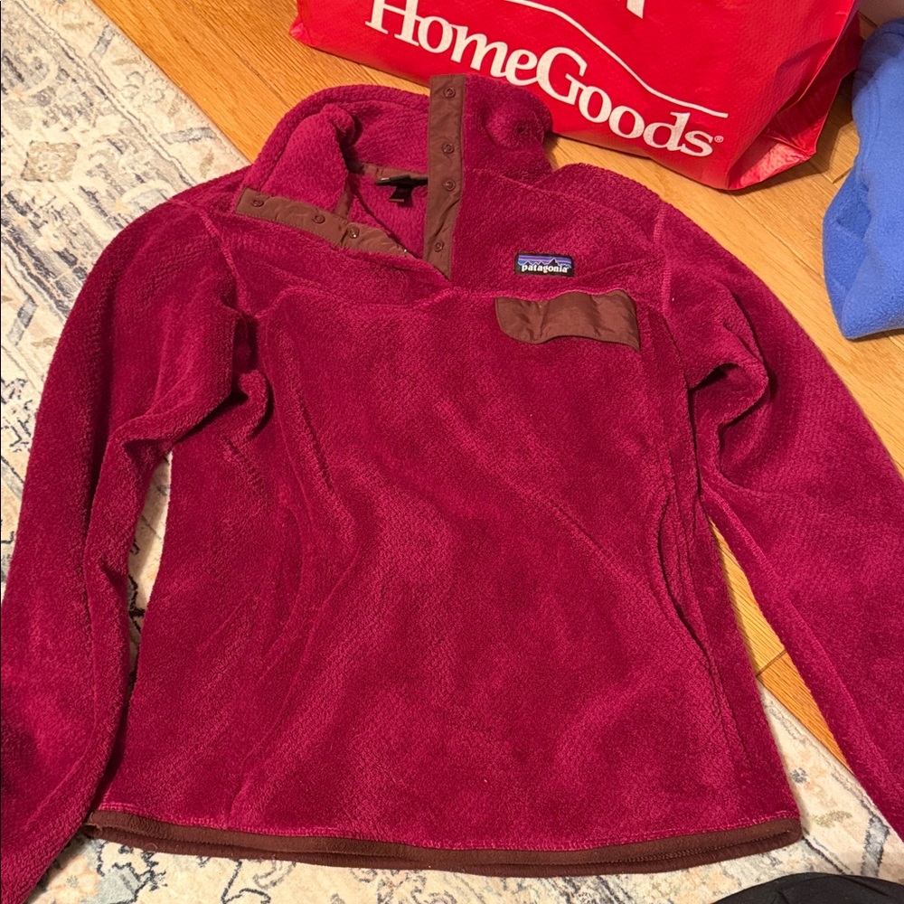 Patagonia Maroon Fleece Jacket with Brown Trim